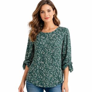 41 Hawthorn Tunic Blouse Womens 2X Green Floral Tie Sleeve Scoop Neck Top